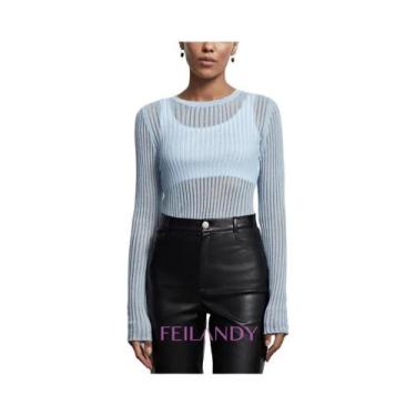 Imagem de Camiseta Feminina Manga Longa Listrada Branca - Elegante e Transparent