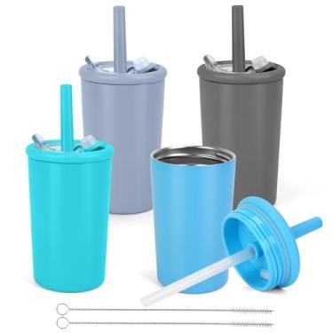 Imagem de Vermida Copo infantil de aço inoxidável com canudo e tampa, garrafa térmica de 355 ml com isolamento de parede dupla, copos de café gelado reutilizáveis com tampas, copos de smoothie para água gelada