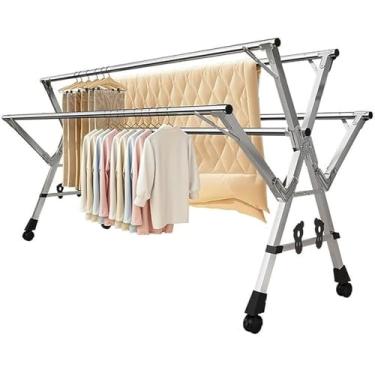 Imagem de Escorredor de roupa dobrável de aço inoxidável de 5 camadas - Secador de roupas para uso pesado, para uso interno/externo, com 20 ganchos à prova de vento, design retrátil de 240 cm/94 pol