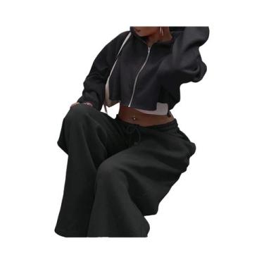 Imagem de Conjunto De Moletom Feminino Com Capuz E Zíper, Cropped E Calça, 2 Peç