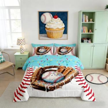 Imagem de Castle Fairy Conjunto de edredom esportivo para meninos e meninas, sorvete, sobremesa, decoração de quarto de adolescentes, com textura de beisebol, 3 peças com 2 fronhas, enchimento de edredom doce e