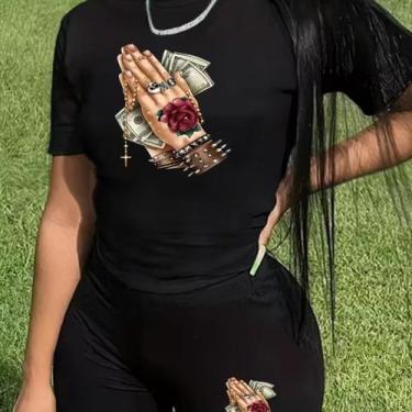 Imagem de Kit Conjunto Camiseta Shorts Feminino Mão Gangster Oração Academia Tre