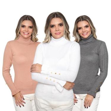 Imagem de Kit 3 Blusas Feminina Manga Longa com Botão Sueter Tricô Inverno 2024 
