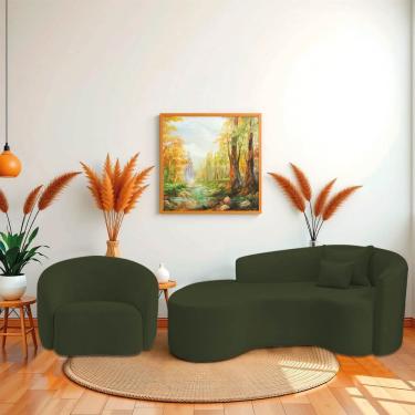 Imagem de Kit Recamier Curvo Sala De Estar Inglaterra 180cm Lado Esquerdo E Poltrona Orgânica Luxo Amore Linho Verde