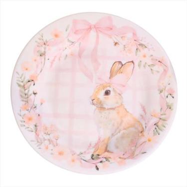 Imagem de Prato Sobremesa Coelho Rosa Florido Vidro Opalino Festa 18cm - Florart