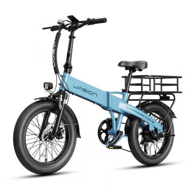 Imagem de Bicicleta elétrica dobrável Jasion EB6 azul, pneus 20x2,5, motor 500W pico 1000W, bateria 48V 10,5Ah, 7 marchas, quadro em alumínio