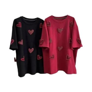Imagem de Camiseta Feminina plus Size De Manga Curta Com Bordado De Amor E Miçan