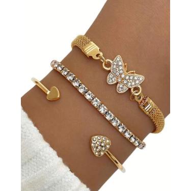 Imagem de Conjunto de 3 Pulseiras Femininas Strass Borboleta e Coração Cor:Doura