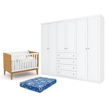 Imagem de Kit Berço Americano Unique MDF Colchão Incluso Freijó e Branco Soft Matic Móveis