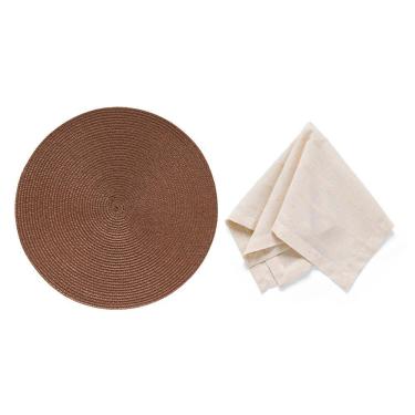 Imagem de Kit de Mesa Posta Linen Natural 2 Lugares com Jogo Americano e Guardanapo de Tecido Nude Copa & Cia