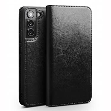 Imagem de Capa para Samsung Galaxy S22 Plus, Capa de couro legítimo fina com suporte slot para cartão de crédito Proteção de câmera à prova de choque Capa carteira flip, preta