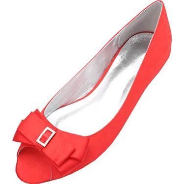 Imagem de Sapato feminino com laço peep toe casamento peep toe sem salto para noivas no escritório, Vermelho, 10