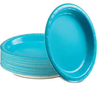 Imagem de Amcrate – Capa de mesa reutilizável de plástico retangular – Ideal para casamentos, festas, aniversários, jantares, almoços para qualquer uso em louças (54" x 108"), Caribbean Blue, 7 Round Plate, 50