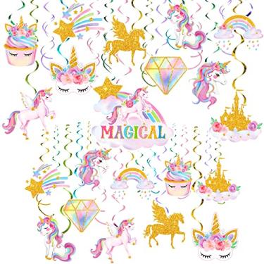 Imagem de 30 peças de unicórnio pendurado decorações de festa unicórnio unicórnio unicórnio decorações de aniversário para meninas unicórnio suprimentos de festa de unicórnio redemoinhos pendurados decoração arco-íris para decorações de aniversário suprimentos de festa