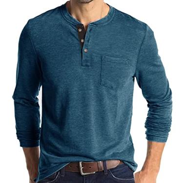 Imagem de NJNJGO Camiseta masculina de manga comprida Henley de algodão casual camiseta slim fit com botões e bolso, Azul C, P