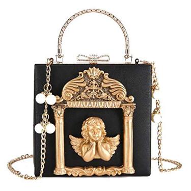 Imagem de QZUnique Bolsa feminina Love Angel floral para noite rosa em relevo formal bolsa clutch ouro preto transversal pérola corrente bolsa de ombro, Anjo preto, One Size