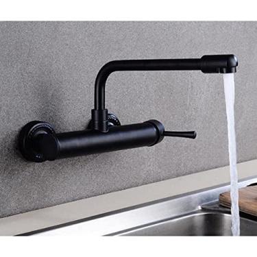 Imagem de Torneira de cozinha giratória de 360 graus Torneira de parede preta Misturador pia torneira montada na parede Torneira fria e quente Torneira de parede, preto 4