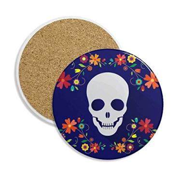 Imagem de Caneca de porta-copos com estampa de caveira de flor para proteção de mesa, pedra absorvente