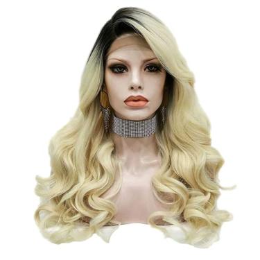Imagem de Peruca feminina loira ombré ondulada sintética lace frontal peruca preta de fibra resistente ao calor