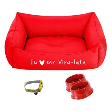 Imagem de Cama De Cachorro Pequeno Vermelha, 2 Comedouros e Coleira Cor:Eu Amo Ser Vira-lata;Tamanho:M