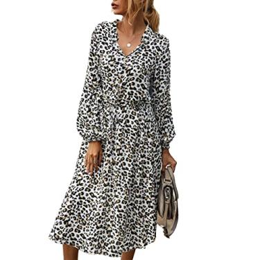 Imagem de Vestido Feminino de Manga Comprida Lanterna, Gola Alta Com Botões, Cintura, Comprimento do Joelho, Vestido de Manga Comprida, Cintura Elástica para Flertar Nas Férias (M)