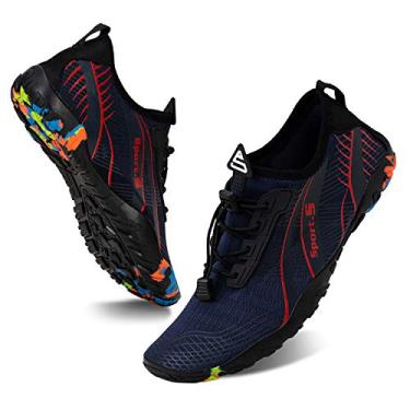 Imagem de WateLves Water Shoes – Meias aquáticas de secagem rápida, para surf, ioga, hidroginástica, Azul moderno e vermelho, 13.5 Women/12 Men