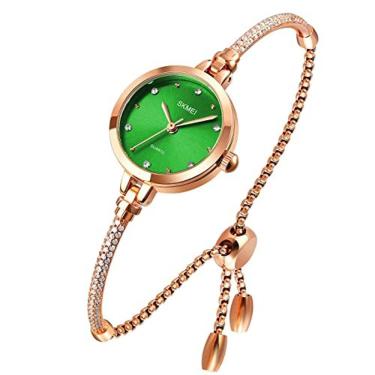 Imagem de Relógio Feminino Analógico Ouro Rosa com Diamantes e Pulseira Impermeável (Verde)