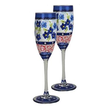 Imagem de Golden Hill Studio Conjunto de 2 copos de champanhe decorativos pintados à mão – Coleção Barcelona Blue Flower – Artigos de vidro pintados à mão por artistas dos EUA – Copos de champanhe exclusivos – Ideal para mesa e decoração de casa
