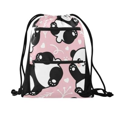 Imagem de FRODOTGV Mochila com cordão rosa e preto e branco com bolsos de malha para academia esportiva yoga mochila água, Panda fofo de desenho animado rosa e preto e branco, One Size