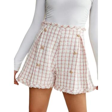Imagem de WDIRARA Short feminino xadrez cintura alta botão frontal acabamento cru zíper traseiro perna larga, rosa, M