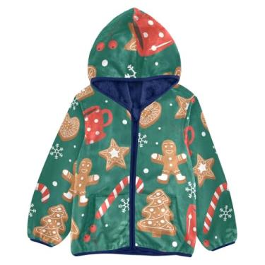 Imagem de Jaqueta infantil de sherpa com estampa de biscoito de gengibre para meninas, jaqueta de inverno azul marinho com zíper para bebês 3T, Copos de biscoito com padrão de pão de gengibre, 5 Anos