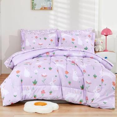 Imagem de Mooreeke Jogo de cama de casal para crianças, meninas, adolescentes, 7 peças, conjunto de lençol com edredom, coelho, roxo, microfibra supermacia