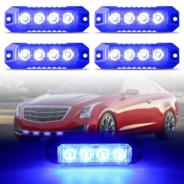 Imagem de Raryloy Luzes estroboscópicas de montagem em superfície de 4 LEDs para caminhões, carros, veículos, mini grelha, cabeça intermitente, aviso de perigo de emergência, lâmpada de churrasqueira, ultrafina, 4 peças, recurso de sincronização (azul)