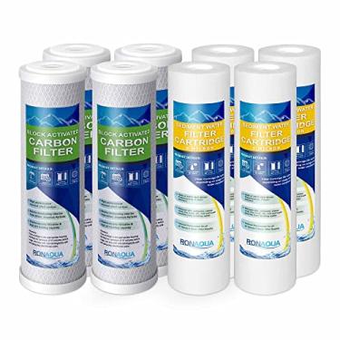 Imagem de 4 cartuchos de filtro de água padrão de carbono e 4 quatro camadas de filtração de polipropileno sedimento 5 mícrons 6,3 cm x 25,4 cm substituição universal para osmose reversa e caixa padrão de 25,4 cm