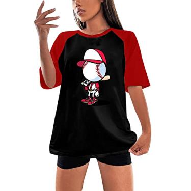 Imagem de Camiseta feminina de manga curta Color Block, gola redonda, caimento solto, túnica casual, camiseta de beisebol de verão, Preto, GG