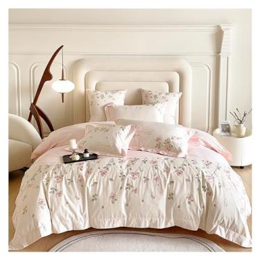 Imagem de Jogo de cama 1000 fios algodão egípcio rosa flores bordadas 100% algodão edredom branco rosa patchwork conjunto de lençol de cama plana (uma cor, tamanho queen, 4 peças)
