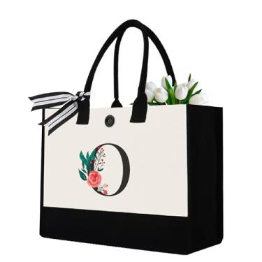 Imagem de Sacola de lona inicial, presentes de aniversário personalizados para mulheres, mães, amigas, professoras, sacolas com monograma, adequadas para o dia das mães, casamento, praia (letra O)