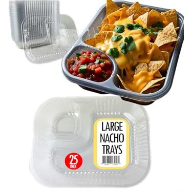 Imagem de Pacote com 25 bandejas descartáveis de nacho de plástico com 2 compartimentos - Bandejas de nachos cristalinas de 623 g para molho de queijo, suportes de concessão, noites de cinema e festas