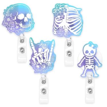 Imagem de Xylolfsty Carretéis de crachá de raio X, 4 peças, porta-crachá retrátil com clipe jacaré, padrões iridescentes de crânio de costela estilo holográfico Rad Tech RN enfermeira médica estudante presente