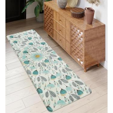 Imagem de Uphome Tapete de corredor floral para corredores, tapete de cozinha antiderrapante lavável 5 x 15 cm, tapete de banheiro longo de pilha baixa macia, tapete de planta azul bonito para lavanderia quarto