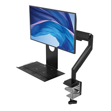 Imagem de Suporte de braçadeira de mesa para estação de trabalho – Suporte de braçadeira para estação de trabalho CTA para monitor único com bandeja de teclado e hub USB - Suporte ajustável para monitor de mesa
