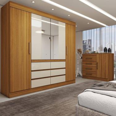 Imagem de Quarto Completo Casal Marrom 5 Portas 10 Gavetas com Espelho Cinamomo/Off White - Panor...