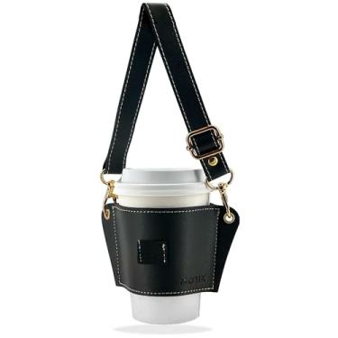 Imagem de MORIK Porta-bebidas com alça ajustável, suporte de copo de café de couro reutilizável, copo de café de viagem, suporte de bebidas de cruzeiro para copos pequenos e médios com menos de 590 ml (1ª