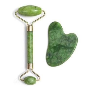 Imagem de Rolo Pedra Jade Placa Gua Sha Massagem Facial Anti Ruga - DOISIRMAOS
