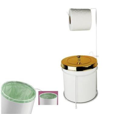 Imagem de Kit Suporte Porta Papel Higiênico Chão Com Lixeira 5L Tampa Cesto Lixo