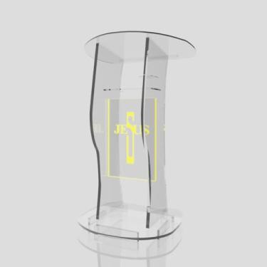 Imagem de Púlpito em Acrílico para Igreja e/ou Eventos com Gravação e Led grátis Mod. Jonas Transparente (Tradicional, Moderna ou Sem Gravação) Cores em Led. (Grav. "Jesus" Moderno, LED AMARELO)