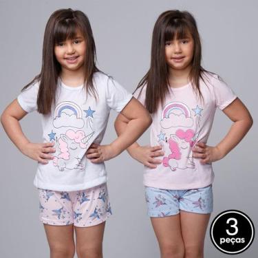 Imagem de Kit 3 Pijamas Malha Infantil Feminino Estampa Unicórnio - WLS Modas, G