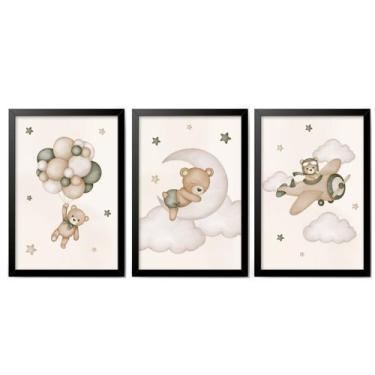 Imagem de Kit Quadro Quarto Infantil Bebê Urso Aviador Verde Bege - Creative Cat