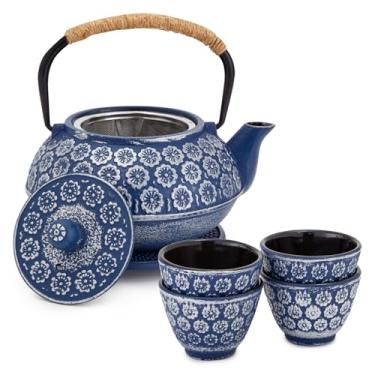 Imagem de Juvale Conjunto de chá de ferro fundido japonês com infusor e 4 xícaras de chá - azul de 946 ml - tripé incluído - mantém quente por mais tempo - preparação de folhas soltas