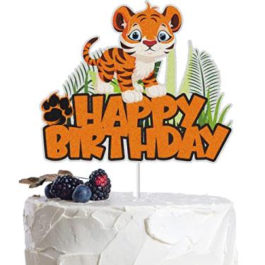 Imagem de Baby Tiger Happy Birthday Cake Topper Black Orange Glitter Safari Jungle Wild Animals Theme Birthday Cake Decor Cute Tiger Zoo Animal Party Decoration Supplies for Kids Boys Girls